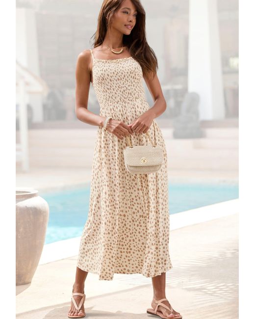 Lascana Natural Midikleid mit gesmoktem Oberteil und Alloverprint, Sommerkleid