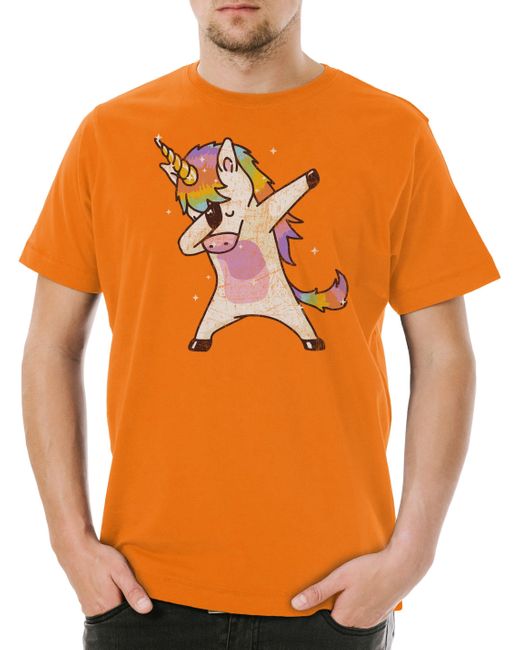Urban Backwoods Print- Unicorn Dab I T-Shirt Einhorn Regenbogen Rainbow Thug Dance DJ in Orange für Herren