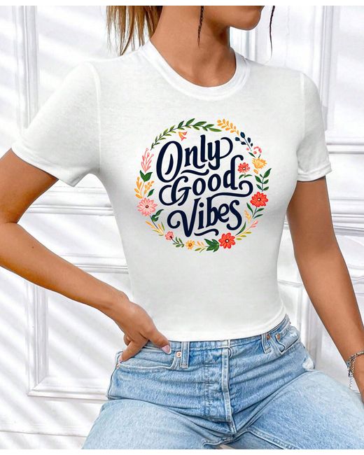 Rmk White T- Shirt Bluse kurzarm Rundhals coolen Aufdruck "Good Vibes Only