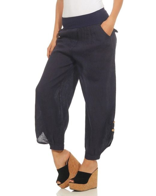 Mississhop Blue Leinenhose 100 % Leinen Sommerhose, Haremshose mit Gummibund & Knopf M.282