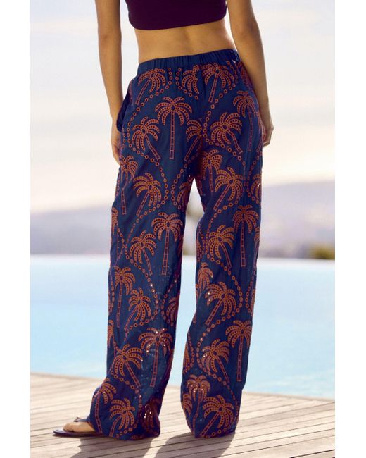 Next Blue Palazzohose Hose mit Stickerei, Palme-Print und weitem Bein (1-tlg)