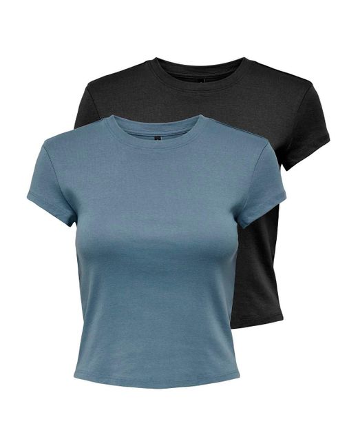 ONLY Blue T-Shirt ONLELINA /S O-NECK SHORT TOP 2PACK JRS (Packung, 2-tlg)