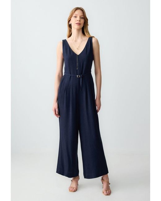 Jimmy Key Blue Gerade geschnittener ärmelloser Jumpsuit aus gewebtem Leinen mit Gürte