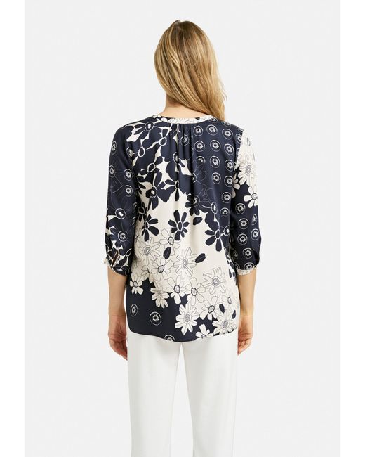 Milano Italy Blue Langarmbluse BLOUSE W NECKPANEL, V-NECK, GATHERI