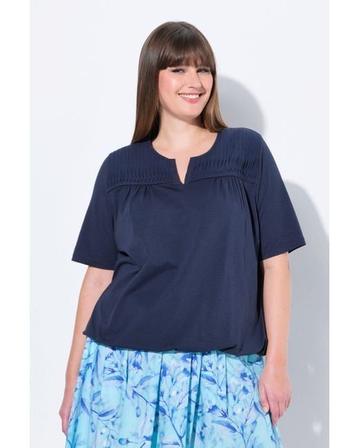 Ulla Popken Blue T-Shirt Gummisaum Biesen V-Ausschnitt Halbarm