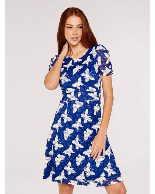 Apricot Blue Sommerkleid mit Schmetterling-Muster, tailliert