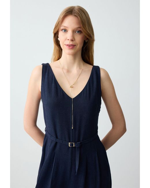 Jimmy Key Blue Gerade geschnittener ärmelloser Jumpsuit aus gewebtem Leinen mit Gürte