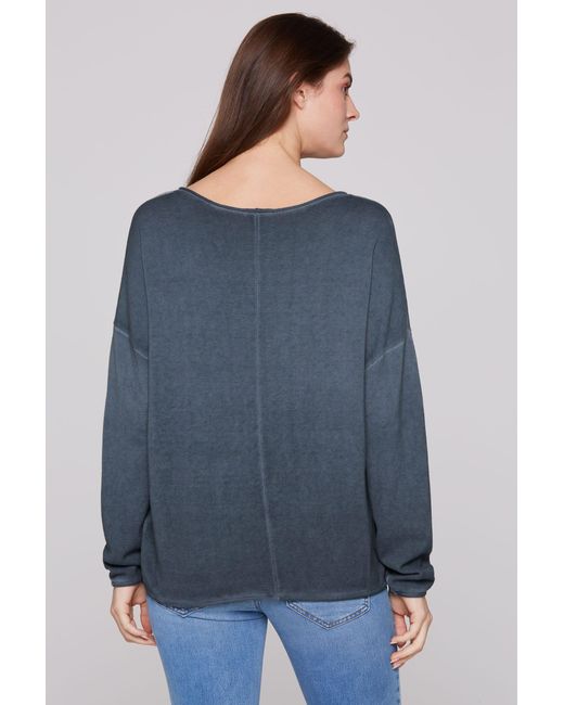 SOCCX Strickpullover Oversized Pullover mit Wording Print in Blue (1-tlg) Rollkante