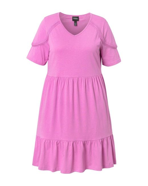 Ulla Popken Pink Jerseykleid Zierband A-Linie V-Ausschnitt Halbarm