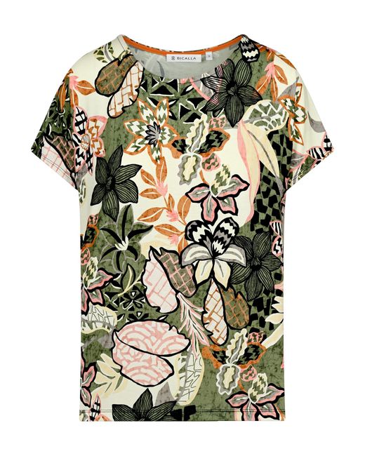 Bicalla Gray T- Shirt mit Blumen-Print in Oliv-Rosé (1-tlg)