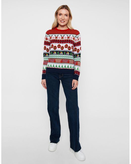 Threadbare Red Weihnachtspullover Ladies THB Reindeer Christmas Jumper