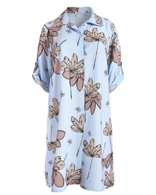 PEKIVESSA Blue Sommerkleid Hemdblusenkleid Turn-Up-Ärmel Legerer gerader Schnitt mit Allover-Print