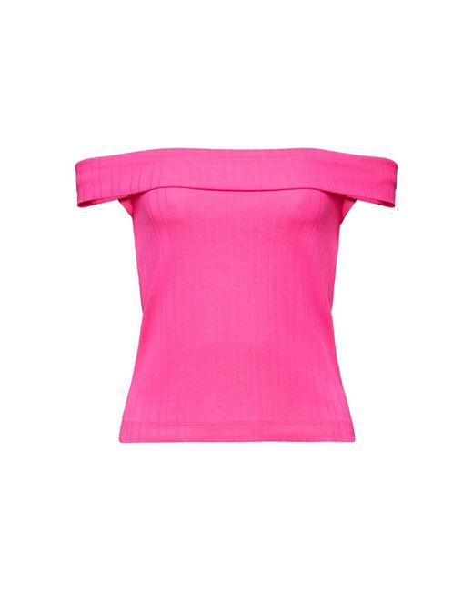 Esprit Pink Geripptes, schulterfreies T-Shirt (1-tlg)