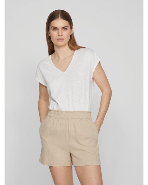 Vila Natural T- Legere Shirt Bluse mit Spitzen Details V-Ausschnitt 7564 in Weiß