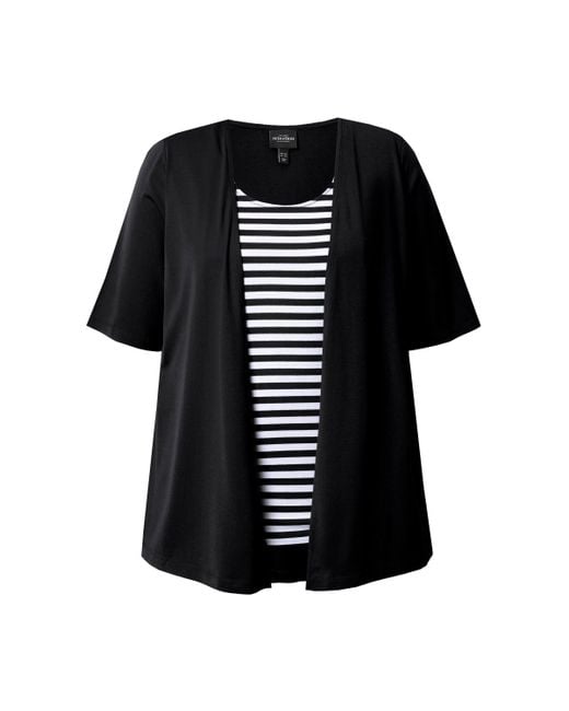 Ulla Popken Black T- 2-in-1-Shirt Ringel Rundhals Halbarm