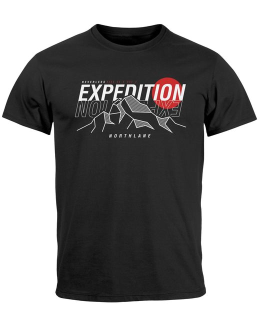 Neverless T-Shirt Outdoor Berge Wandern Naturliebhaber Expedition mit Print in Black für Herren