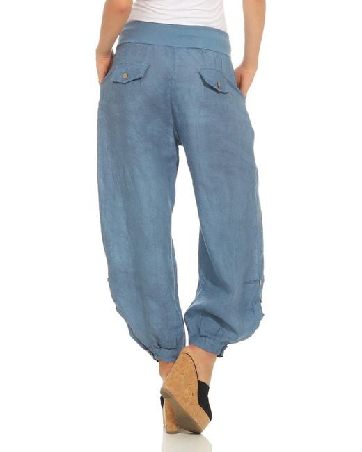 Mississhop Blue Leinenhose 100 % Leinen Sommerhose, Haremshose mit Gummibund & Knopf M.282