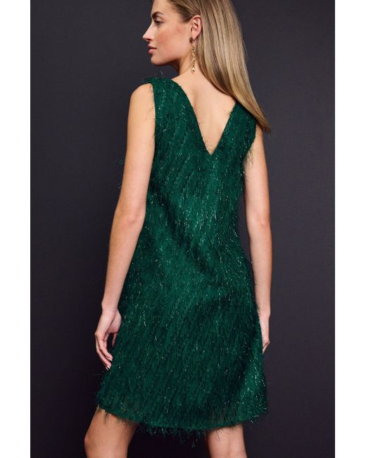 Next Green Glitzerndes, ärmelloses Minikleid mit Federn (1-tlg)