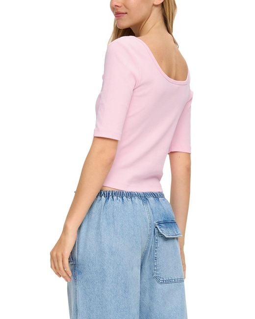 QS Multicolor Kurzarmshirt Rippshirt mit tiefem Rundhalsausschnitt