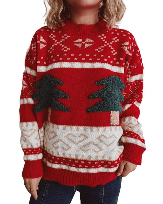 AUKUU Red Stylischer Strickpullover mit floralen Mustern