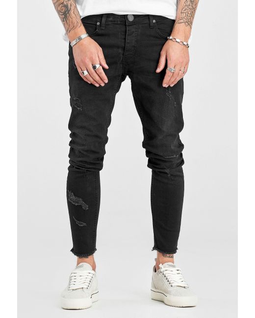 2Y Premium Slim-fit-Jeans LENNARD mit trendigen Destroyed-Elementen in Black für Herren