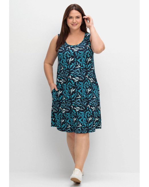 Sheego Blue Jerseykleid Große Größen mit Blätterprint und Taschen