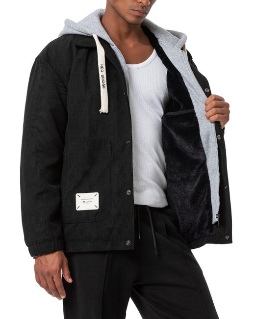 Redbridge Winterjacke mit Kapuze warmem Teddyfell-Innenfutter Modische Kombi aus Cord und Sweat in Black für Herren