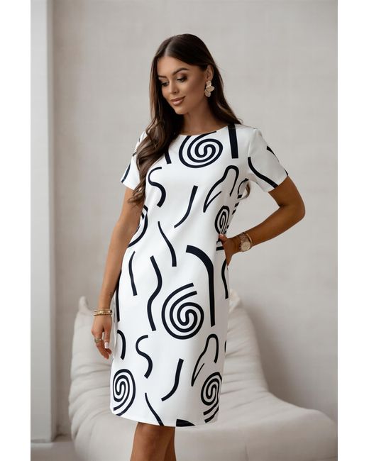 EloModa Black Midikleid Mittellanges Etui Kleid mit Geometrischem Print – Modern, Prakti