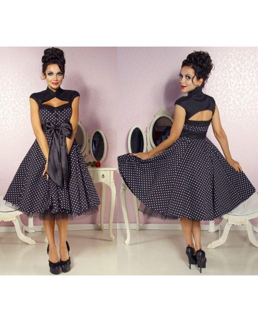 atixo Blue A-Linien- 50er Jahre Pin Up Rockabilly Kleid Retro Tanzkleid Retrokleid dots