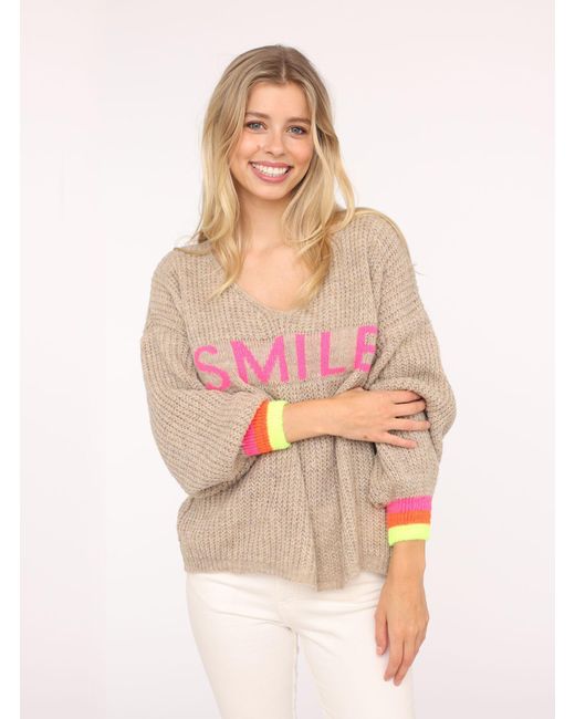 Zwillingsherz Natural Strickpullover "Smile" mit fröhlichem Aufdruck, One Size