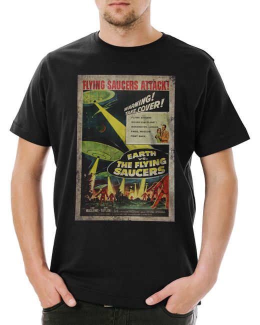 Urban Backwoods Print- Earth Vs. Flying Saucers I T-Shirt Ufo Fliegend Untertasse Sci in Black für Herren
