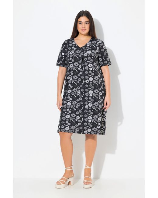 Ulla Popken Black Jerseykleid Blüten A-Linie V-Ausschnitt Halbarm