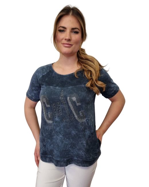 Gio Milano Blue T-Shirt im Wash-Out-Effect mit Strassbesatz