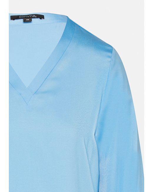 Comma, Blue Langarmbluse Satin-Bluse mit V-Ausschnitt und elastischen Bündchen