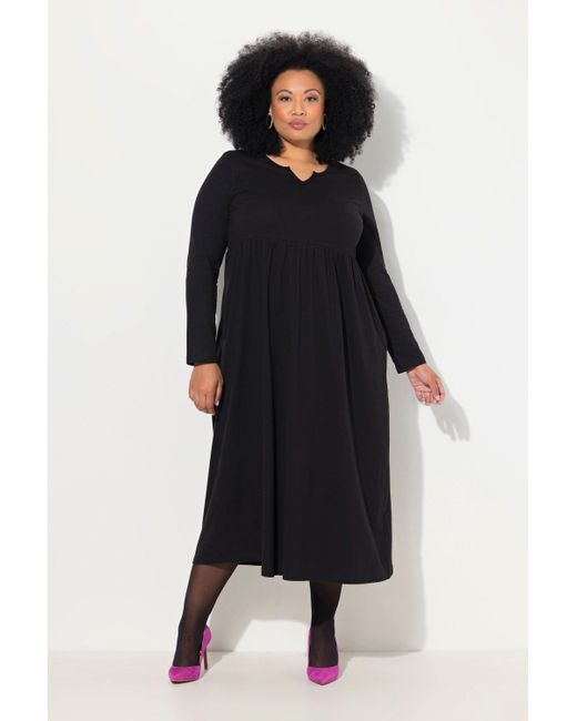 Ulla Popken Black Jersey-Maxikleid A-Linie Tunika-Ausschnitt Langarm