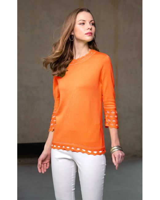 Passioni Orange 3/4 Arm-Pullover mit kleinen Cut Outs Unifarbe und Lurex-Details