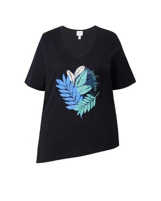 Ulla Popken Black T-Shirt Zierperlen V-Ausschnitt Halbarm