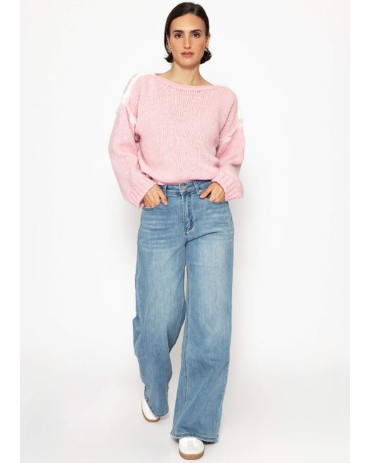 SassyClassy Blue Oversize Pullover Kontrastnä Elegant Lockerer Strickpullover mit U-Boot Ausschnitt und Außennähten Details