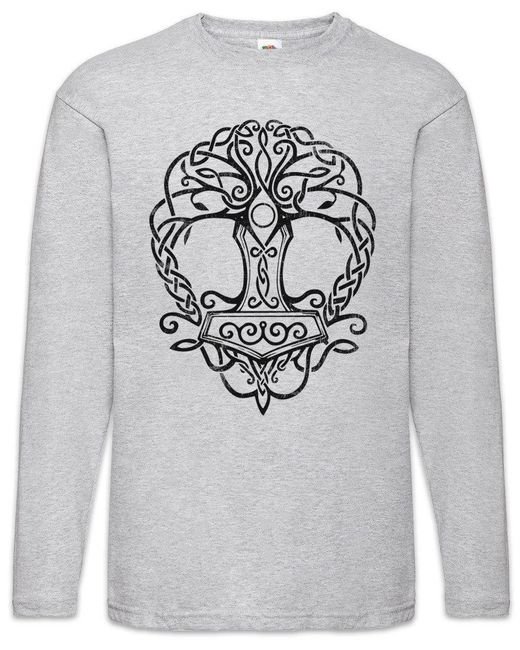 Urban Backwoods Langarmshirt Yggdrasil Mjölnir Langarm T-Shirt Weltenbaum Tree of Life Walhall in Gray für Herren