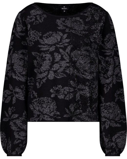 Monari Black Blusenshirt Strickpullover mit Lurexblumen schwarz gemustert