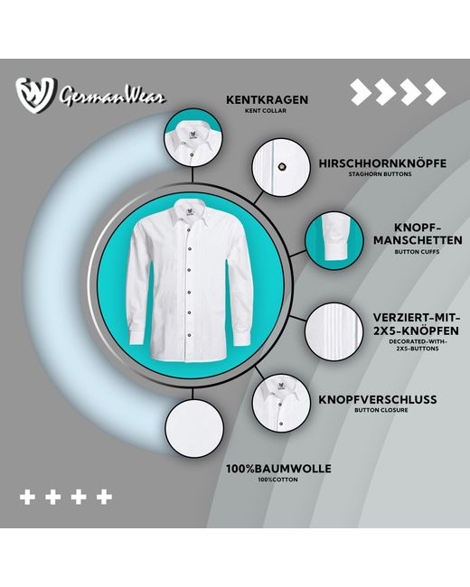 German Wear GW1264-L-Kentkragen Trachtenhemd Businesshemd 2x5 Biesen Hemd Langarm Baumwolle in White für Herren