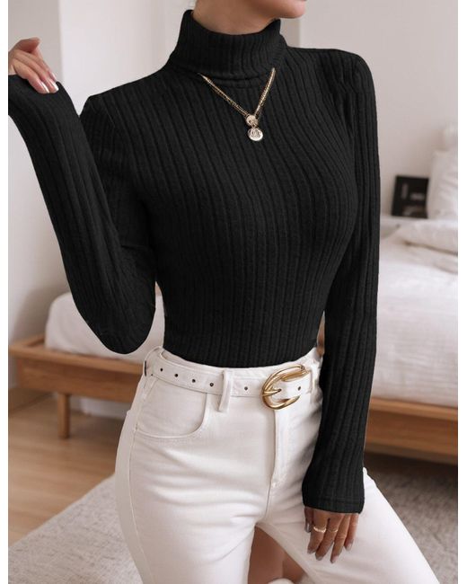 LUCKZON Black Rollkragenpullover Rollkragen Langarmshirts mit Rippenmuster