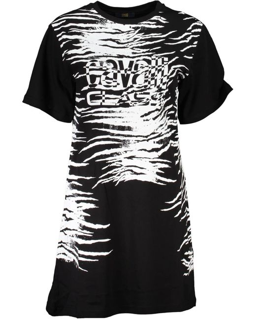 Roberto Cavalli Black Partykleid Elegantes Schwarzes kleid mit Rundhals und Druckdesign