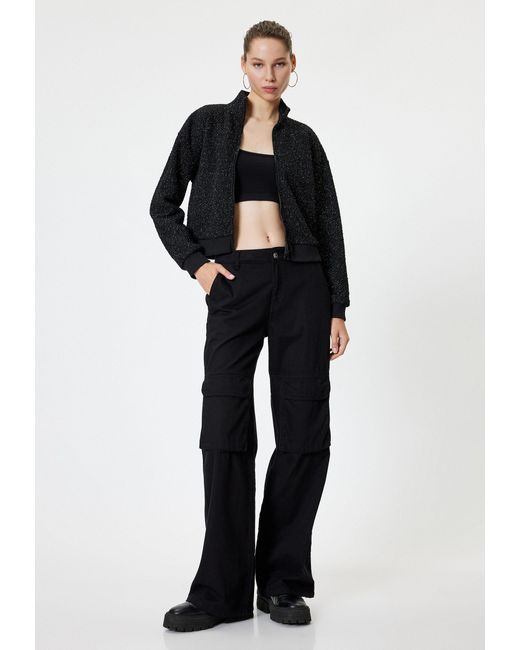 Koton Black Cardigan Standkragen Mit Reißverschlussdetail
