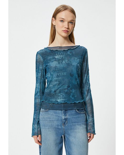 Koton Blue T-Shirt U-Boot-Kragen Langärmelig