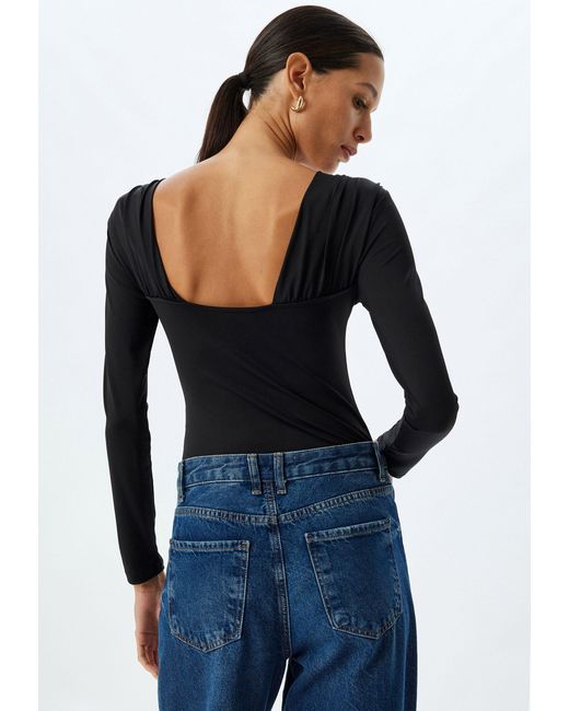 Koton Black T-Shirt Asymmetrischer Kragen Langärmelig