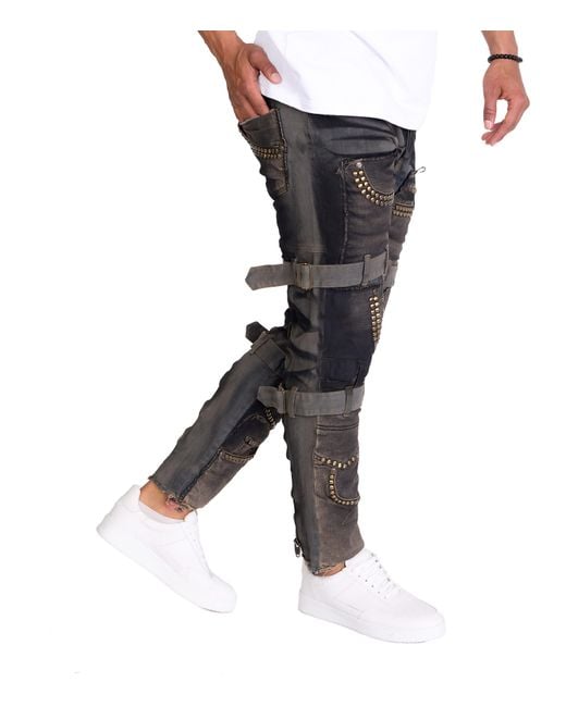 KINGZ Slim-fit-Jeans Designer Patchworkjeans mit Nieten Blau W34/L32 in Blue für Herren