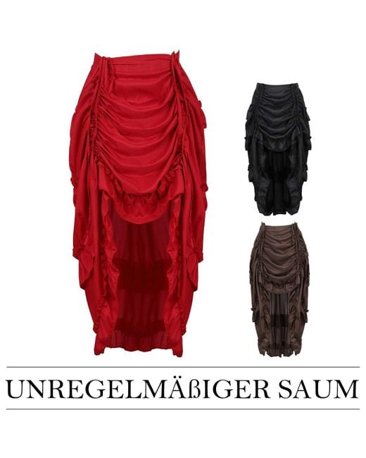 Refttenw Black Midirock Gothic Steampunk High-Low Rock mit Rüschen, Taillenschnürung
