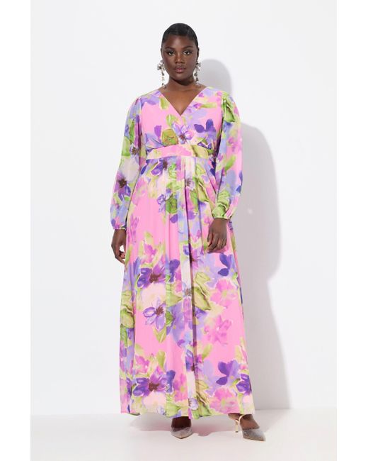 Ulla Popken Pink Cocktailkleid Abendkleid doppellagig V-Ausschnitt Langarm