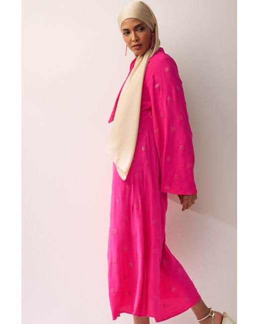 Next Pink Verziertes Maxikleid mit langen Ärmeln und Schal (1-tlg)